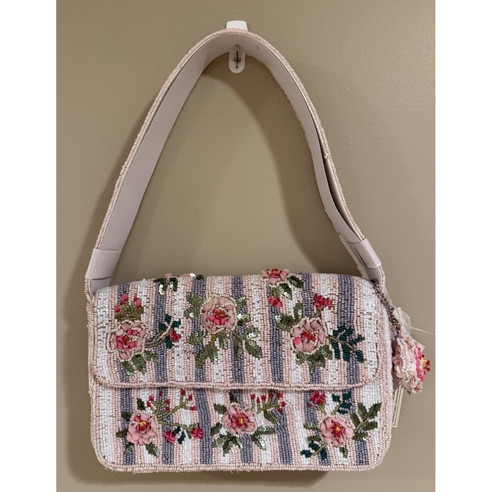 Made In India Pink Rose Beaded Shoulder Bag W/Blue & White Stripes & Rose Charm